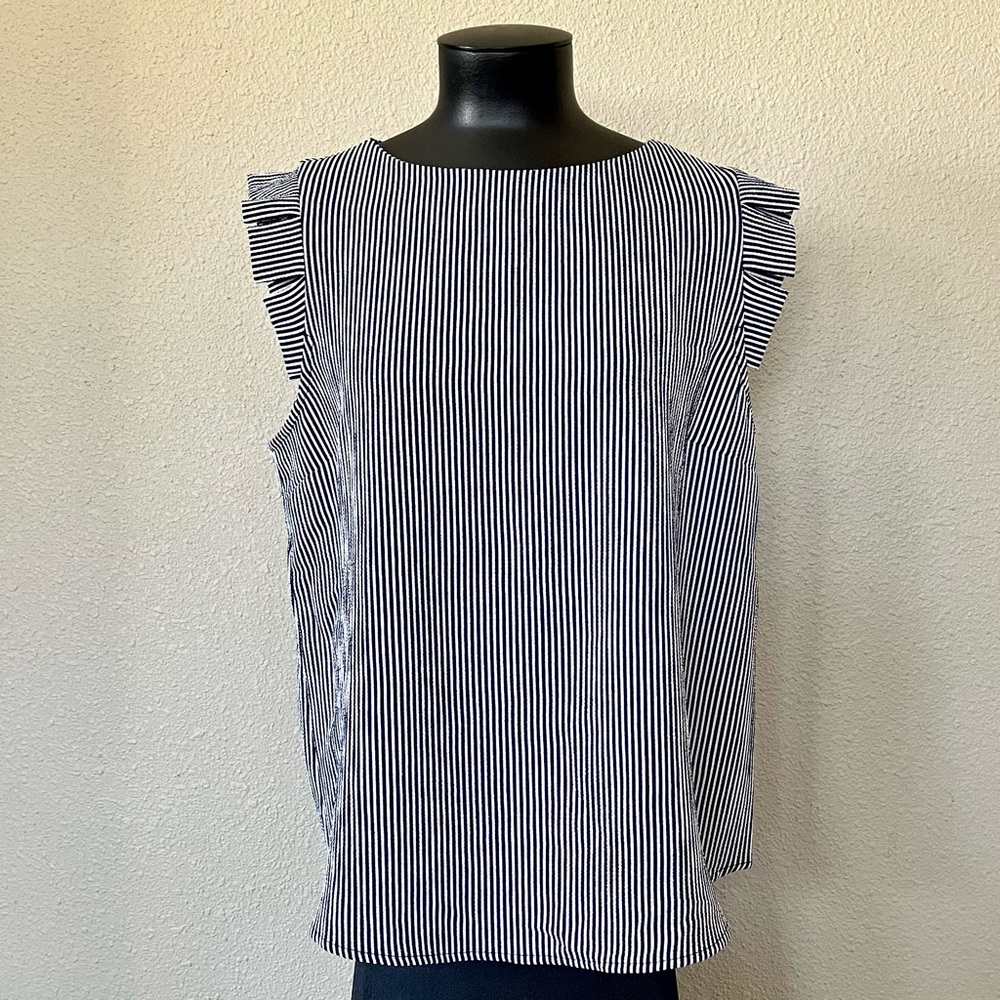 Navy and White Sleeveless Boxy Blouse Size L